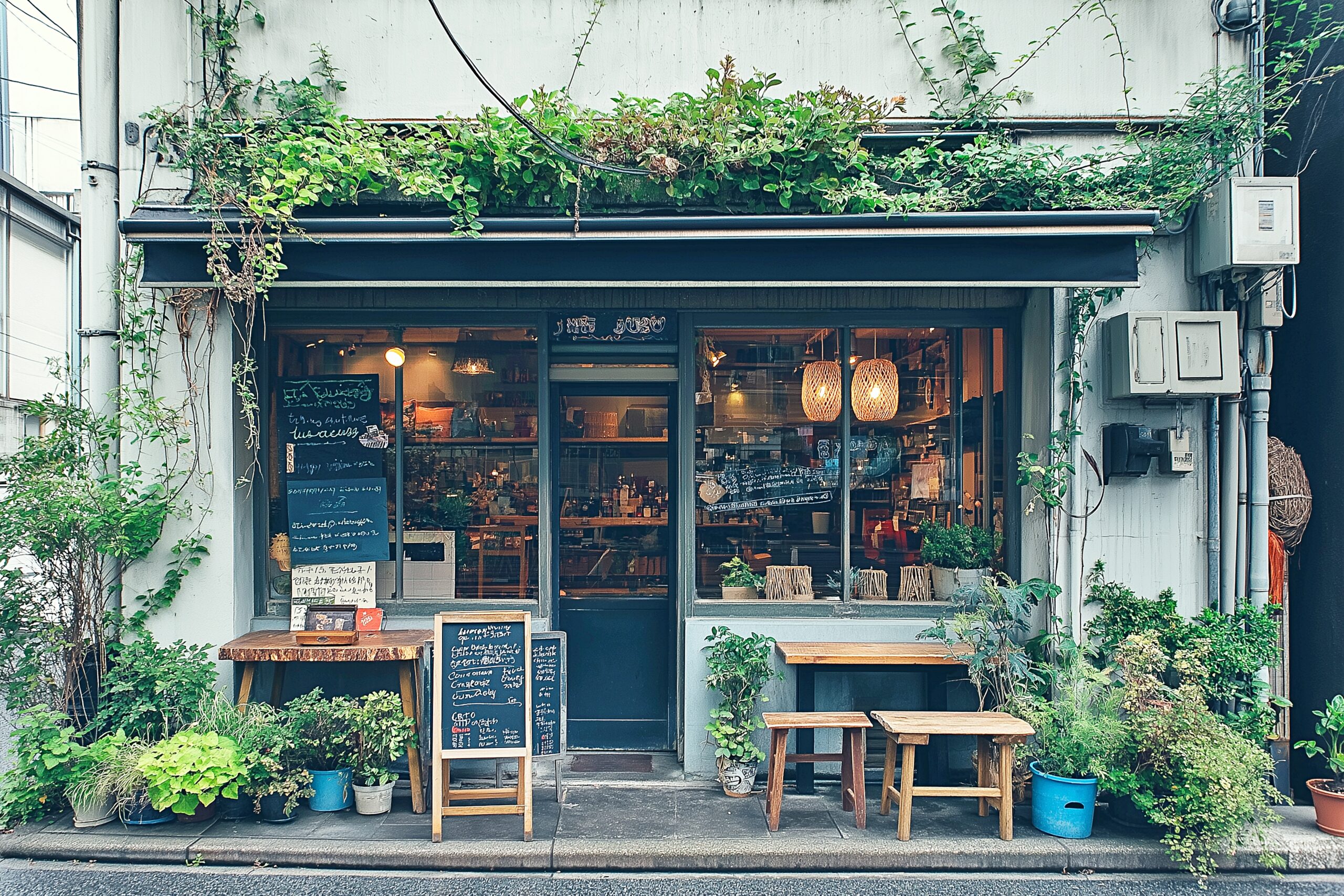 都会の街角にあるオシャレで小さなカフェの外観０