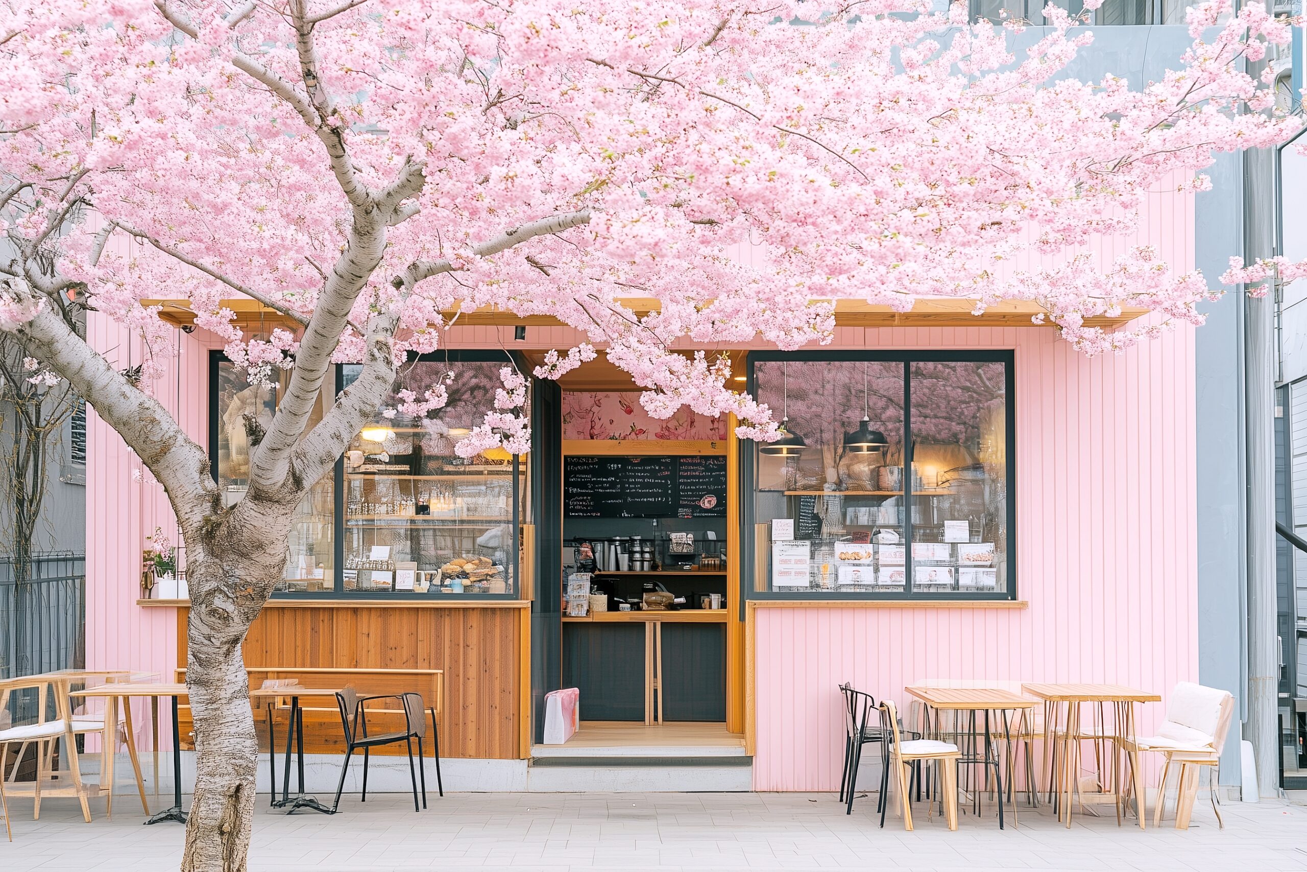 春のさくらとカフェの外観０