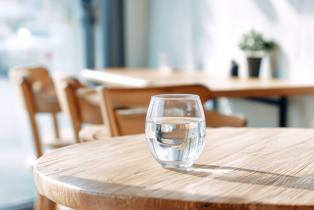 「水・ウォーター」木のカフェテーブルに置かれたお冷のフリー画像０