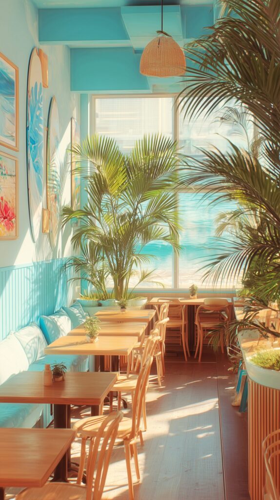 【スマホ壁紙】海を感じるハワイアンカフェのインテリア・フリー素材０
