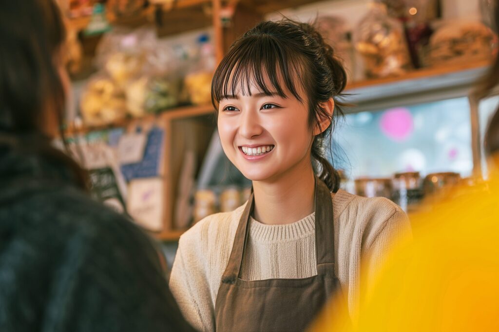 笑顔で接客するカフェ店員の女性・フリー素材０