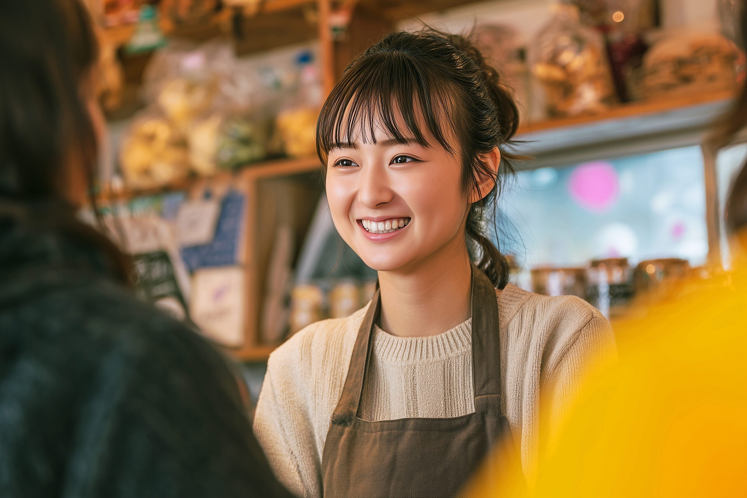 笑顔で接客するカフェ店員の女性・フリー素材０