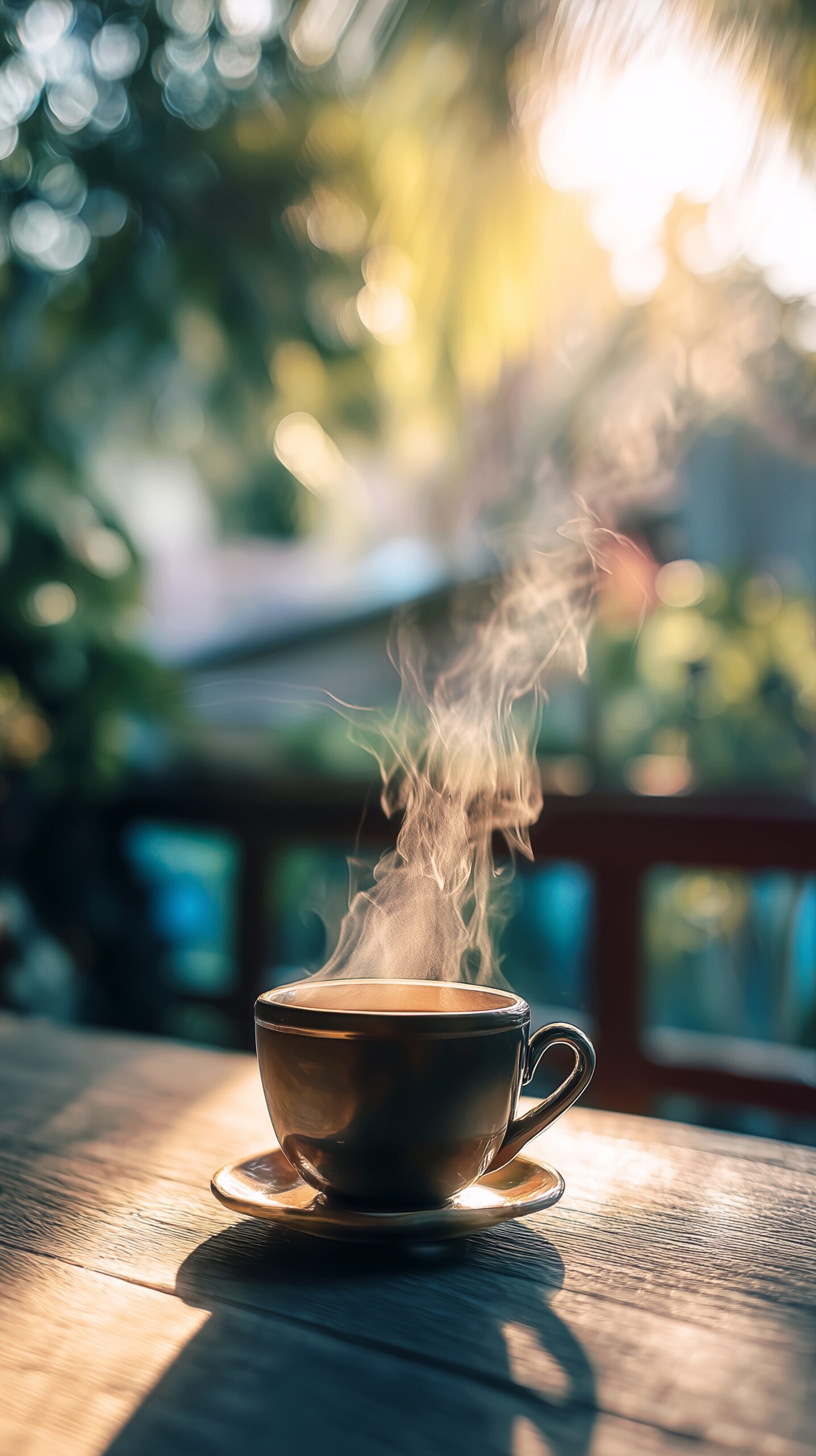 【スマホ壁紙】カフェテラス席で飲むホットコーヒー・フリー素材０３　cafe wallpaper