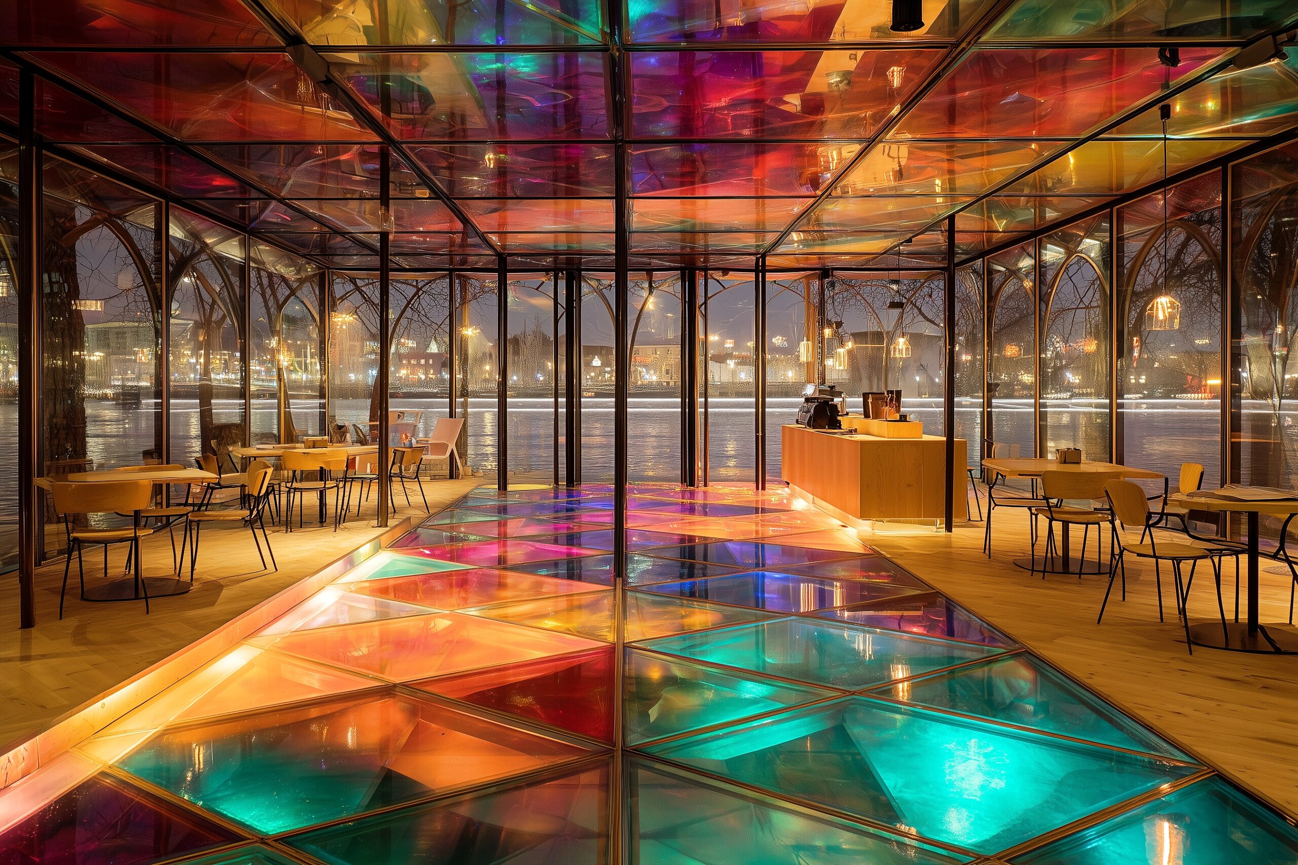 【インテリア】ガラス張りのオシャレなカフェ空間・フリー素材０