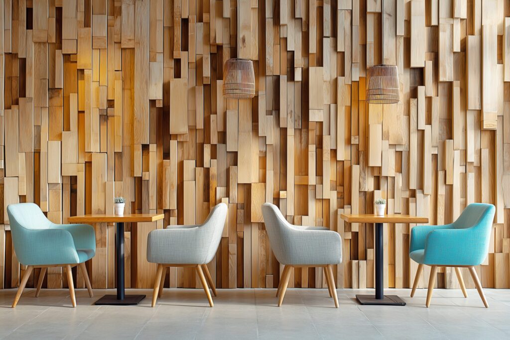 【フリー素材】カフェのおしゃれなウッドデザインの壁・テーブル席０