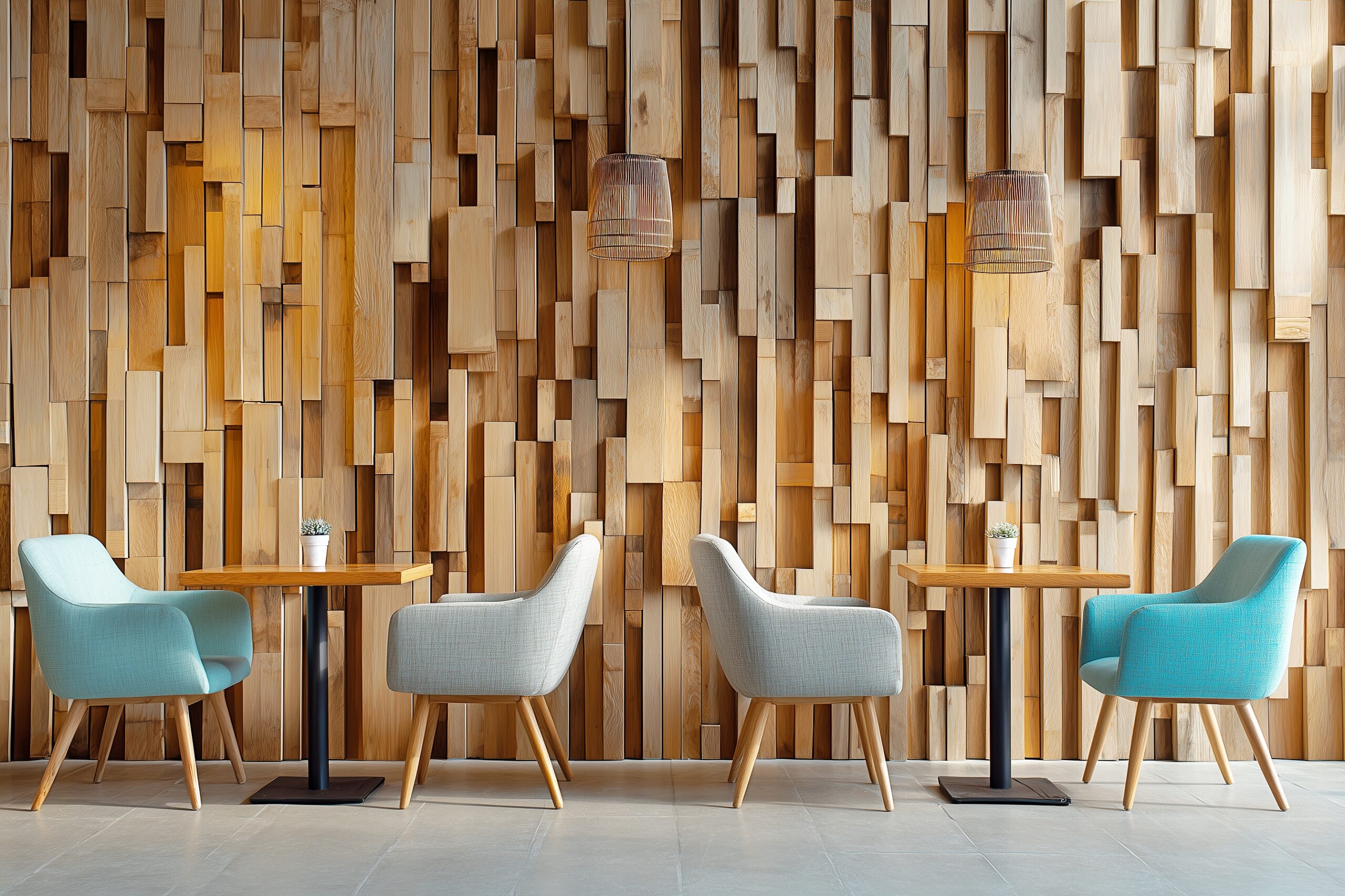 【フリー素材】カフェのおしゃれなウッドデザインの壁・テーブル席０