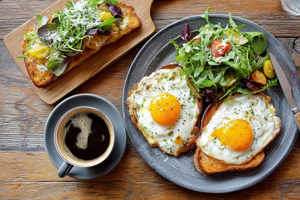 カフェのモーニングメニュー（目玉焼きトースト＆コーヒー）・食事のフリー素材０