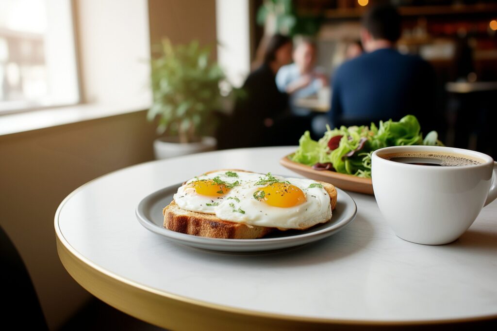 【カフェの朝食】目玉焼きとサラダとコーヒーのモーニングプレート・フリー素材０