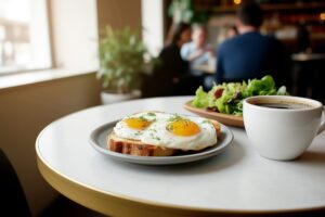 【カフェの朝食】目玉焼きとサラダとコーヒーのモーニングプレート・フリー素材0