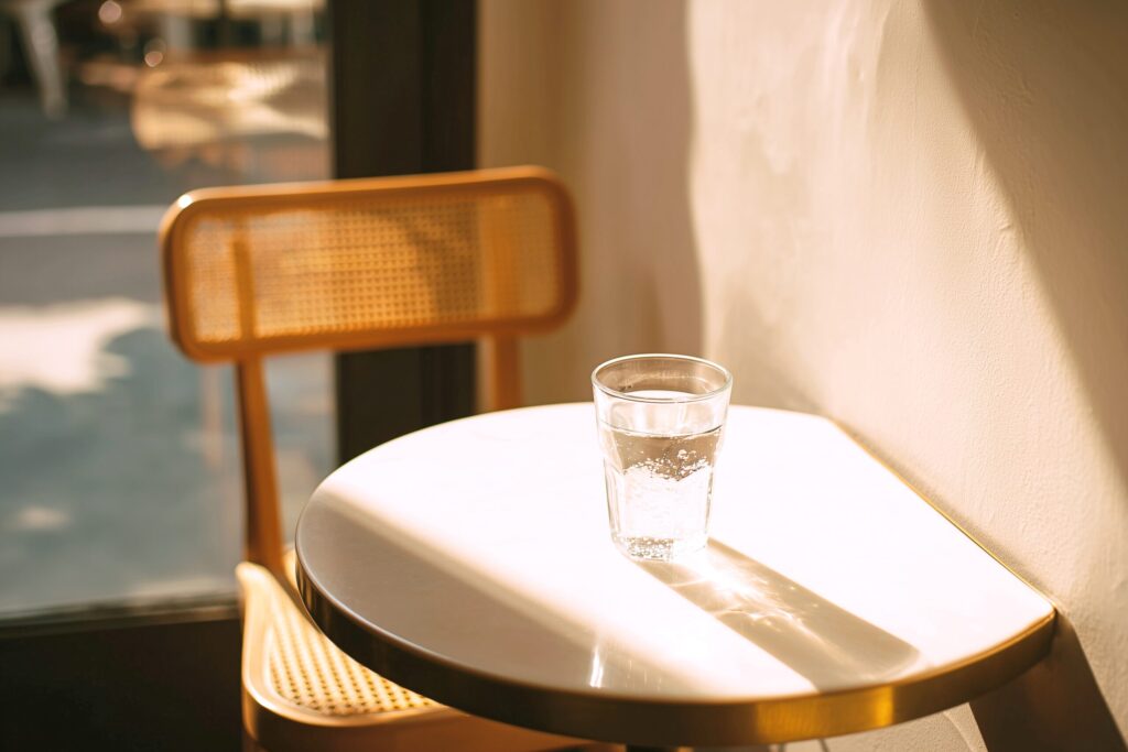 カフェテーブルに置かれたグラスに入った水・フリー素材０