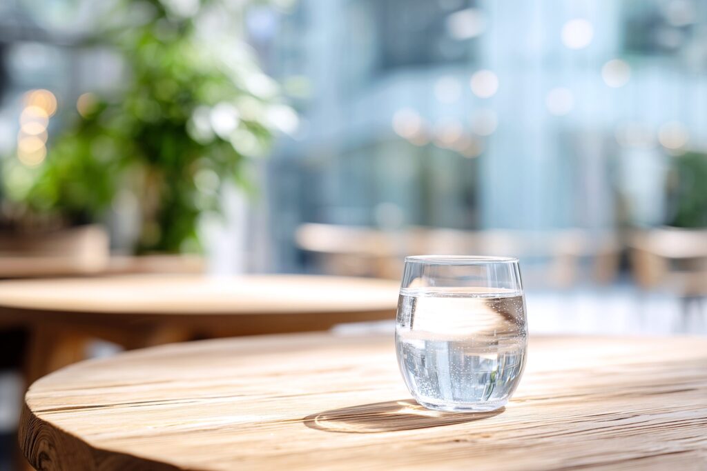 「水・ウォーター」木のカフェテーブルに置かれたお冷のフリー画像０