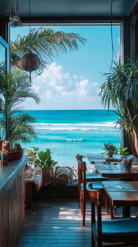 【スマホ壁紙】海を感じるハワイアンカフェのインテリア・フリー素材０