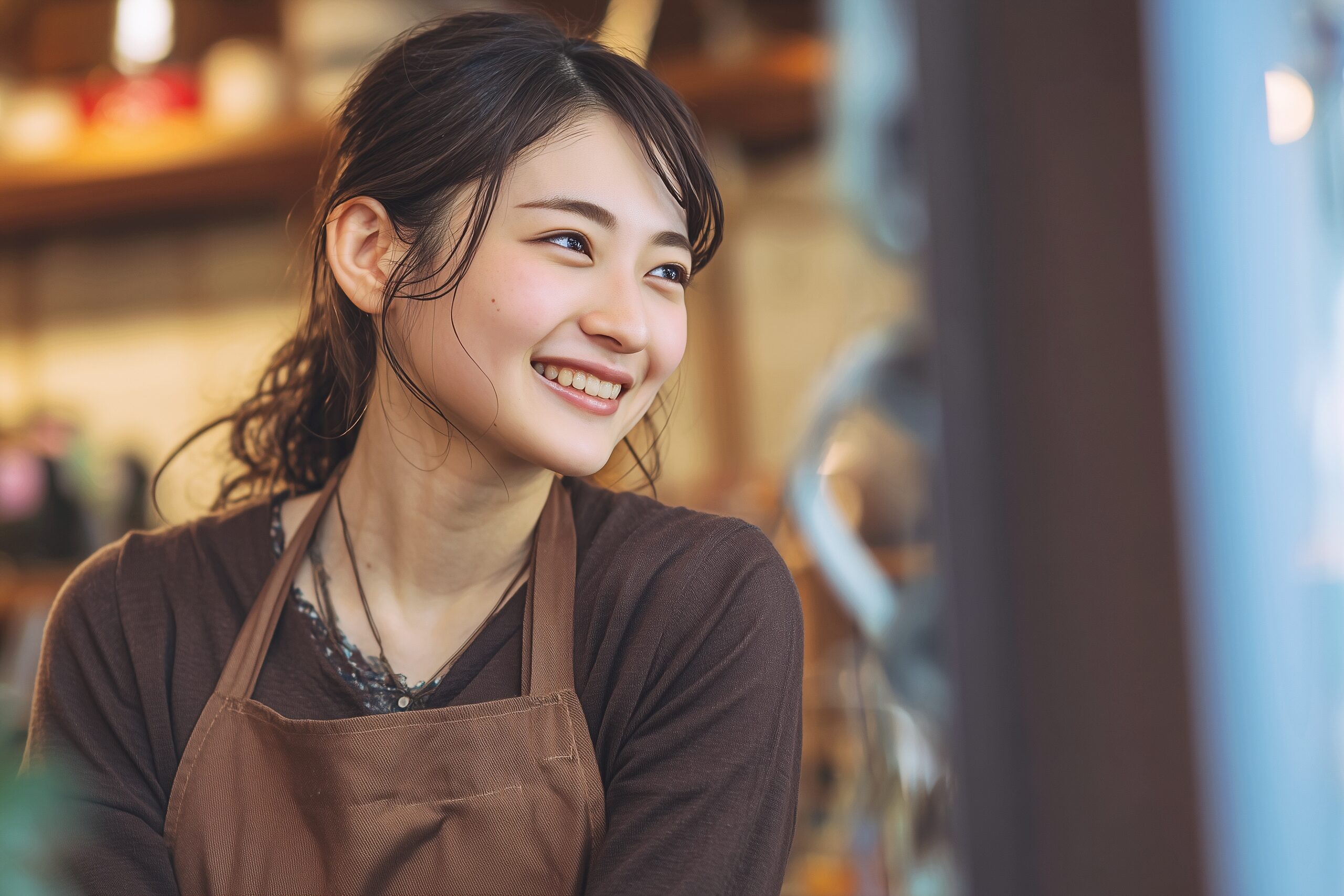 笑顔で接客するカフェ店員の女性・フリー素材０