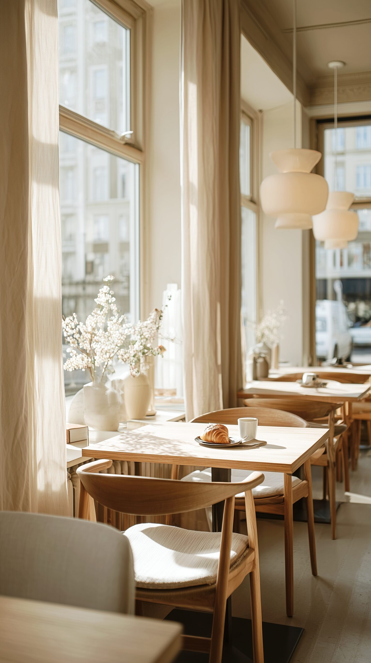 【スマホ壁紙】北欧風カフェのおしゃれなインテリアとクロワッサンとコーヒー・フリー素材０２