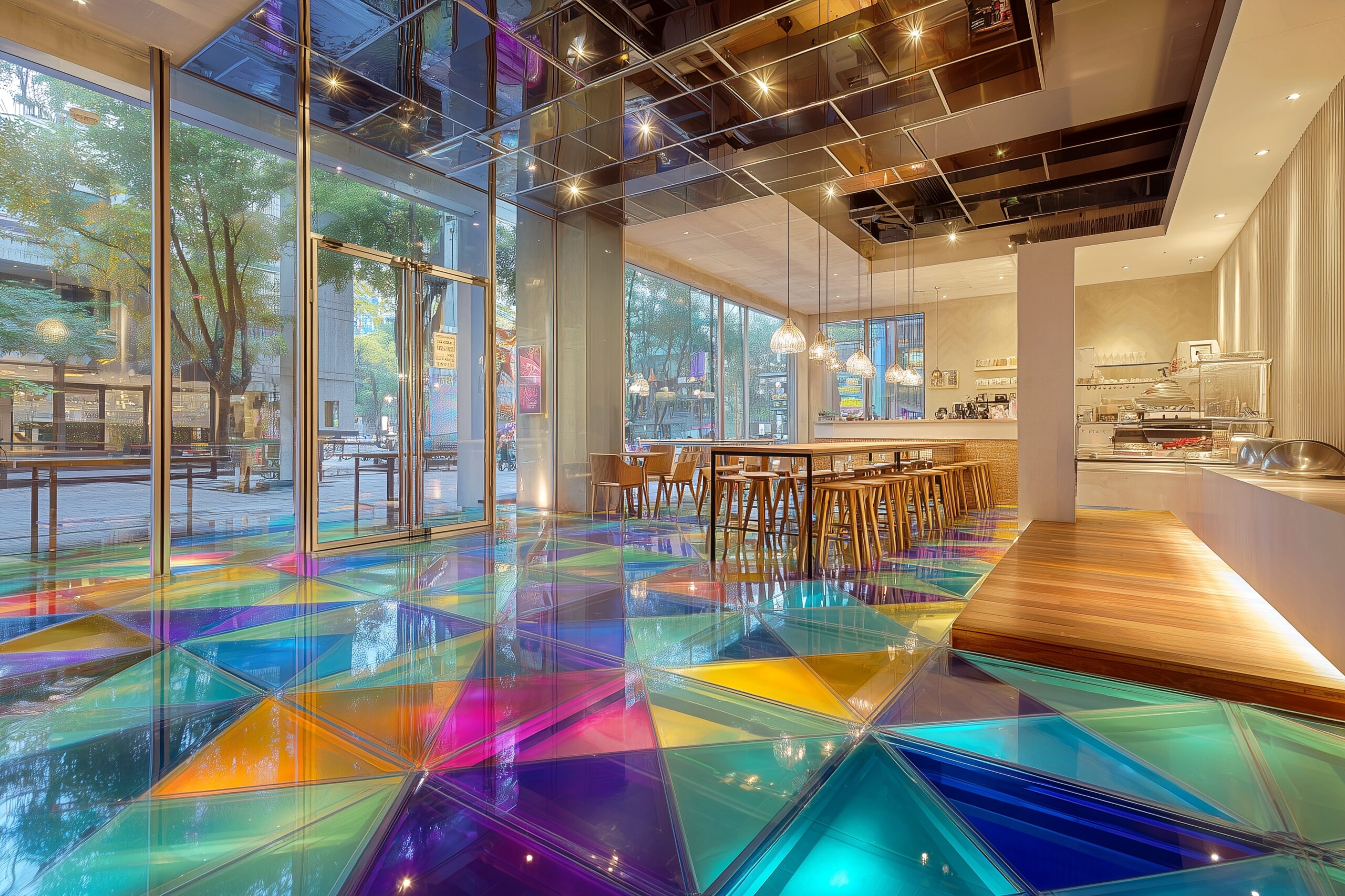 【インテリア】ガラス張りのオシャレなカフェ空間・フリー素材０