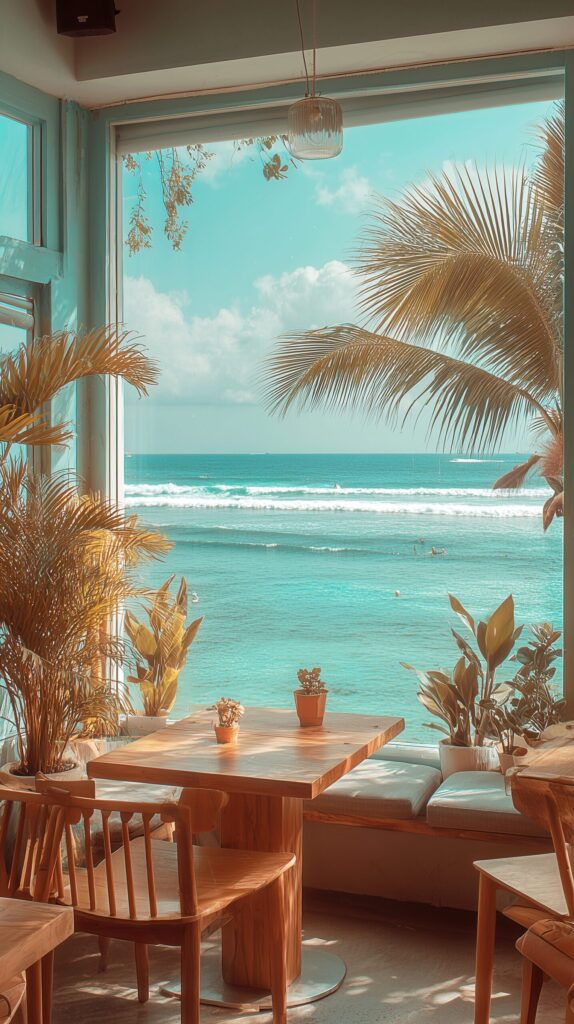 【スマホ壁紙】海を感じるハワイアンカフェのインテリア・フリー素材０