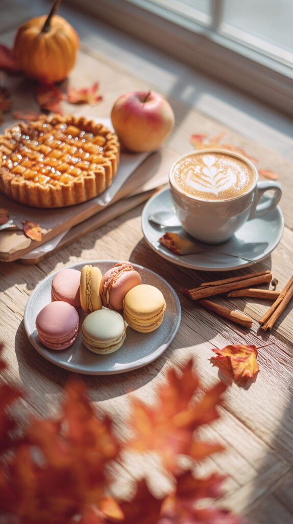 【スマホ壁紙】秋のおしゃれカフェスイーツとラテアート・フリー素材０