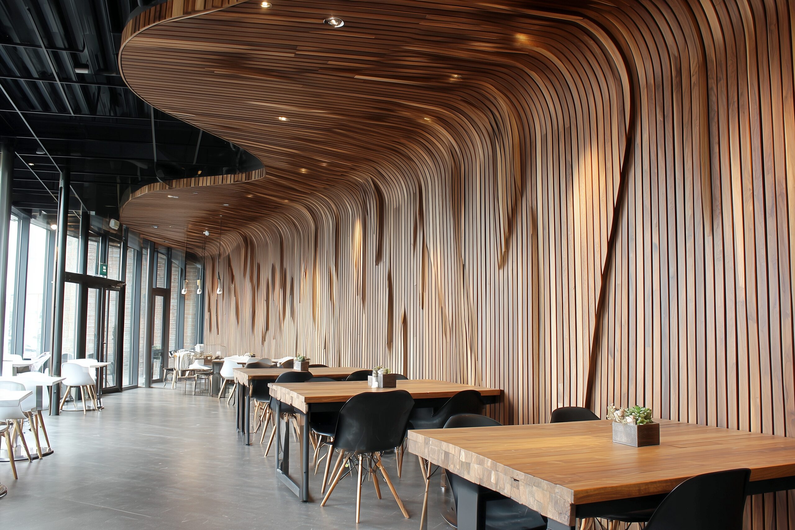 【フリー素材】カフェのおしゃれなウッドデザインの壁・テーブル席０