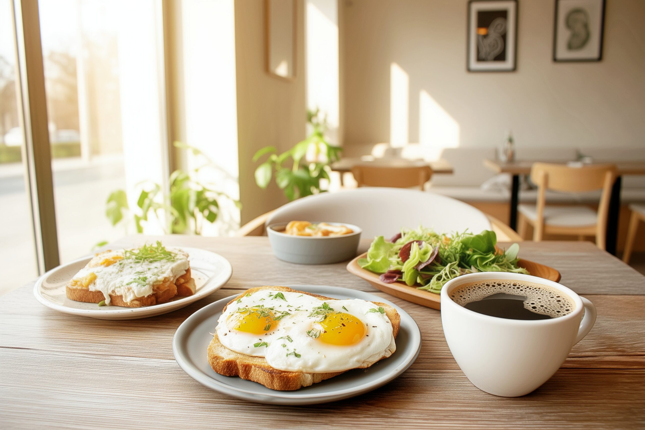 【カフェの朝食】目玉焼きとサラダとコーヒーのモーニングプレート・フリー素材０