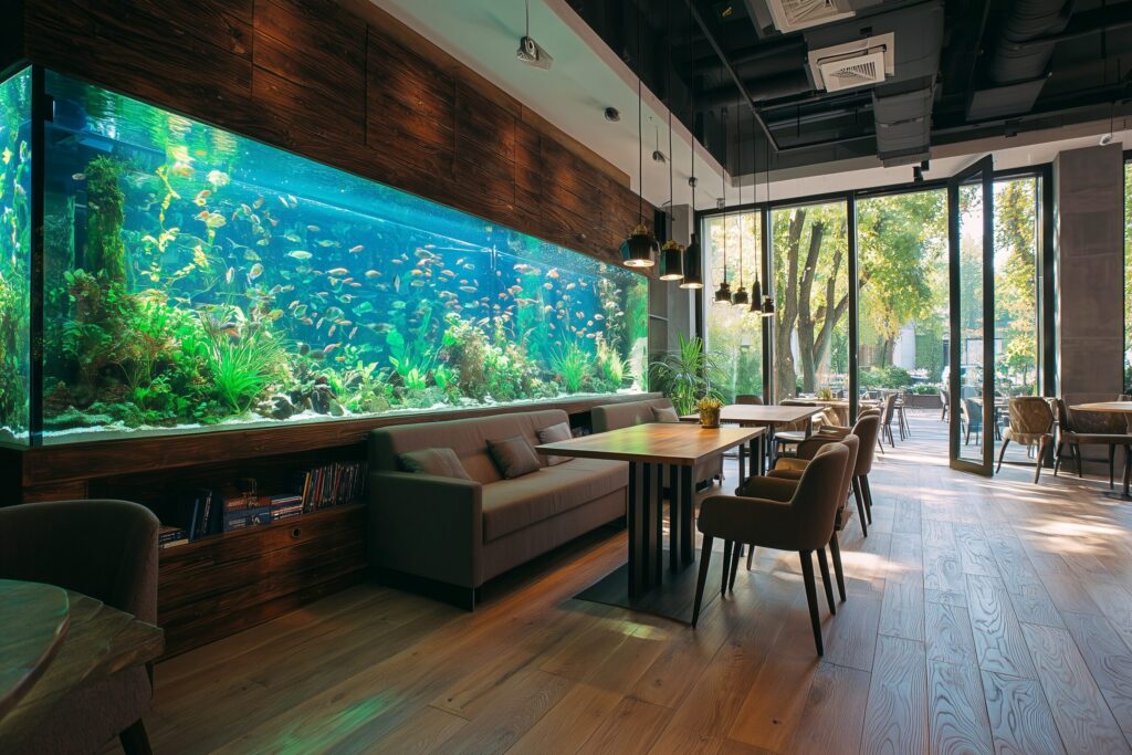 まるで水族館！大きな水槽のあるオシャレなカフェ・フリー素材０