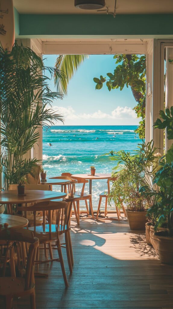 【スマホ壁紙】海を感じるハワイアンカフェのインテリア・フリー素材０