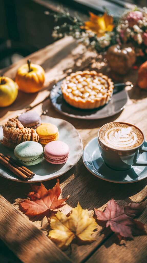 【スマホ壁紙】秋のおしゃれカフェスイーツとラテアート・フリー素材０