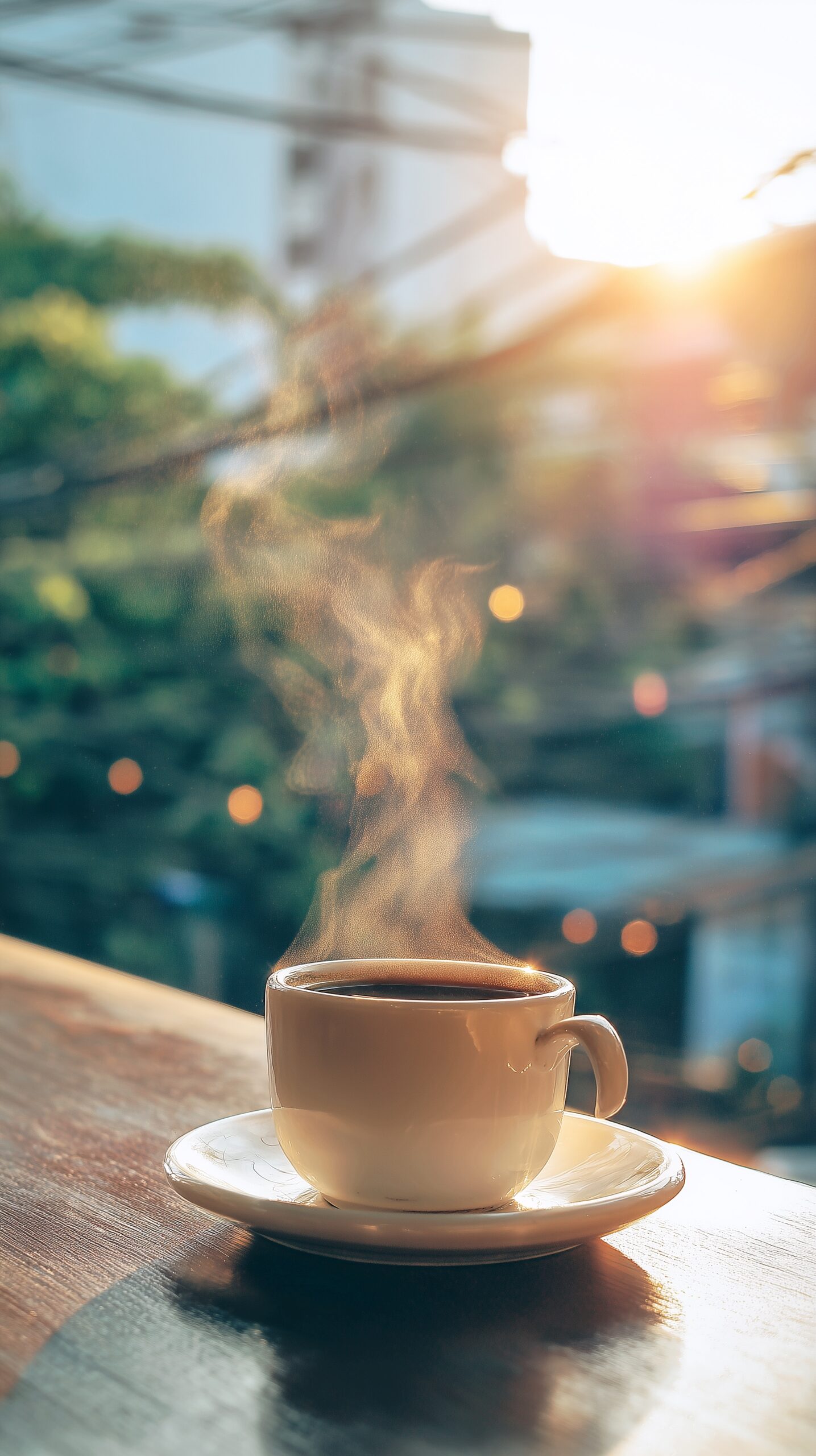 【スマホ壁紙】カフェテラス席で飲むホットコーヒー・フリー素材０１　cafe wallpaper