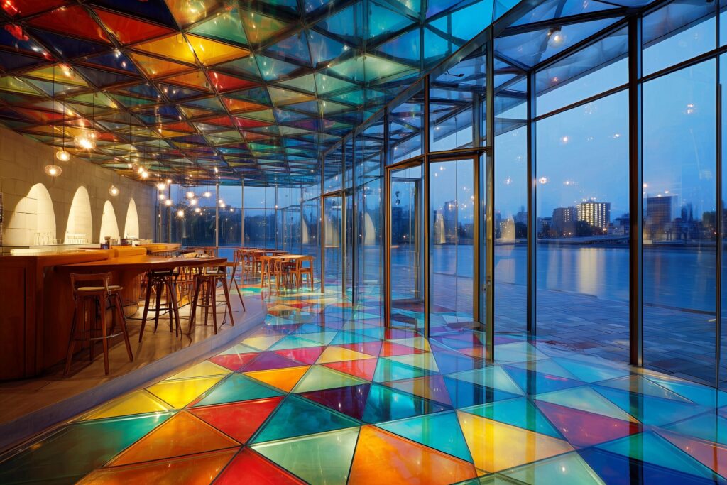 【インテリア】ガラス張りのオシャレなカフェ空間・フリー素材０