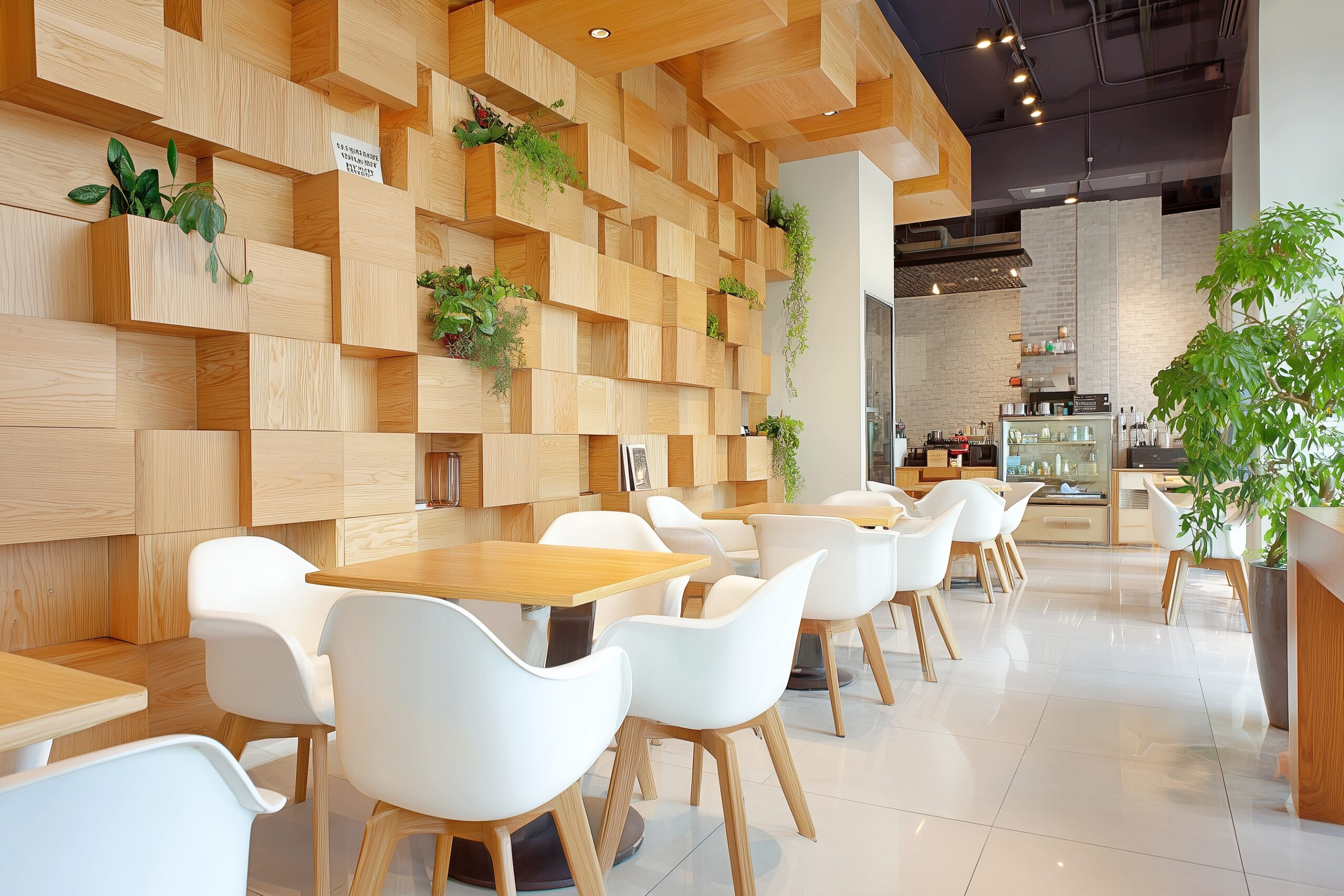 【フリー素材】カフェのおしゃれなウッドデザインの壁・テーブル席０