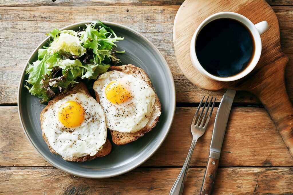 カフェのモーニングメニュー（目玉焼きトースト＆コーヒー）・食事のフリー素材０