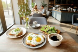 【カフェの朝食】目玉焼きとサラダとコーヒーのモーニングプレート・フリー素材0