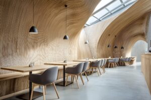 【フリー素材】カフェのおしゃれなウッドデザインの壁・テーブル席０