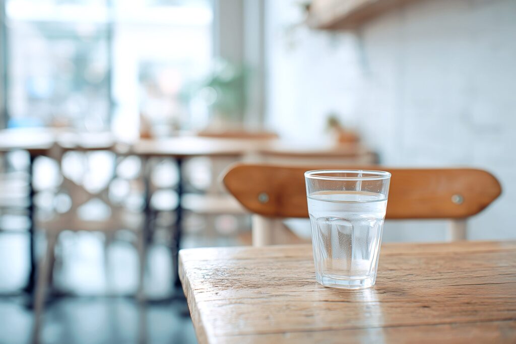 カフェテーブルに置かれたグラスに入った水・フリー素材０