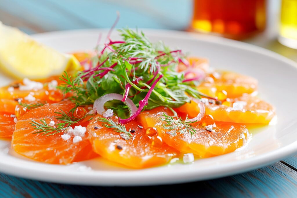 カフェでサーモンのカルパッチョを注文・食べ物フリー素材０