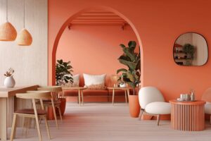 テラコッタオレンジ色に統一されたオシャレなカフェ店内・インテリアのフリー素材０