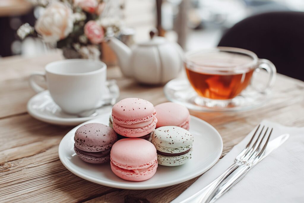 【カフェスイーツ】おしゃれなマカロンと紅茶・フリー素材０