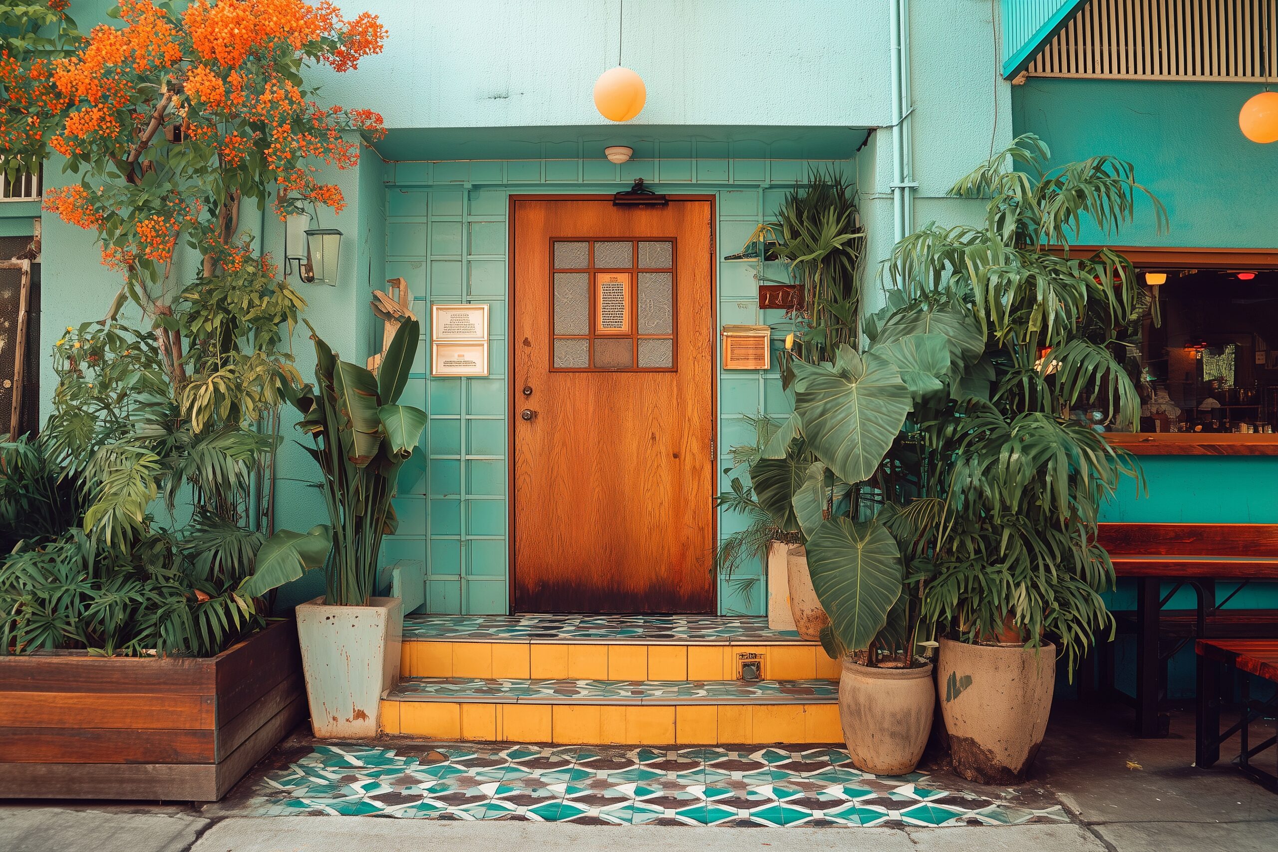 【フリー素材】おしゃれなレトロカフェの入り口ドア画像・晴れた日０