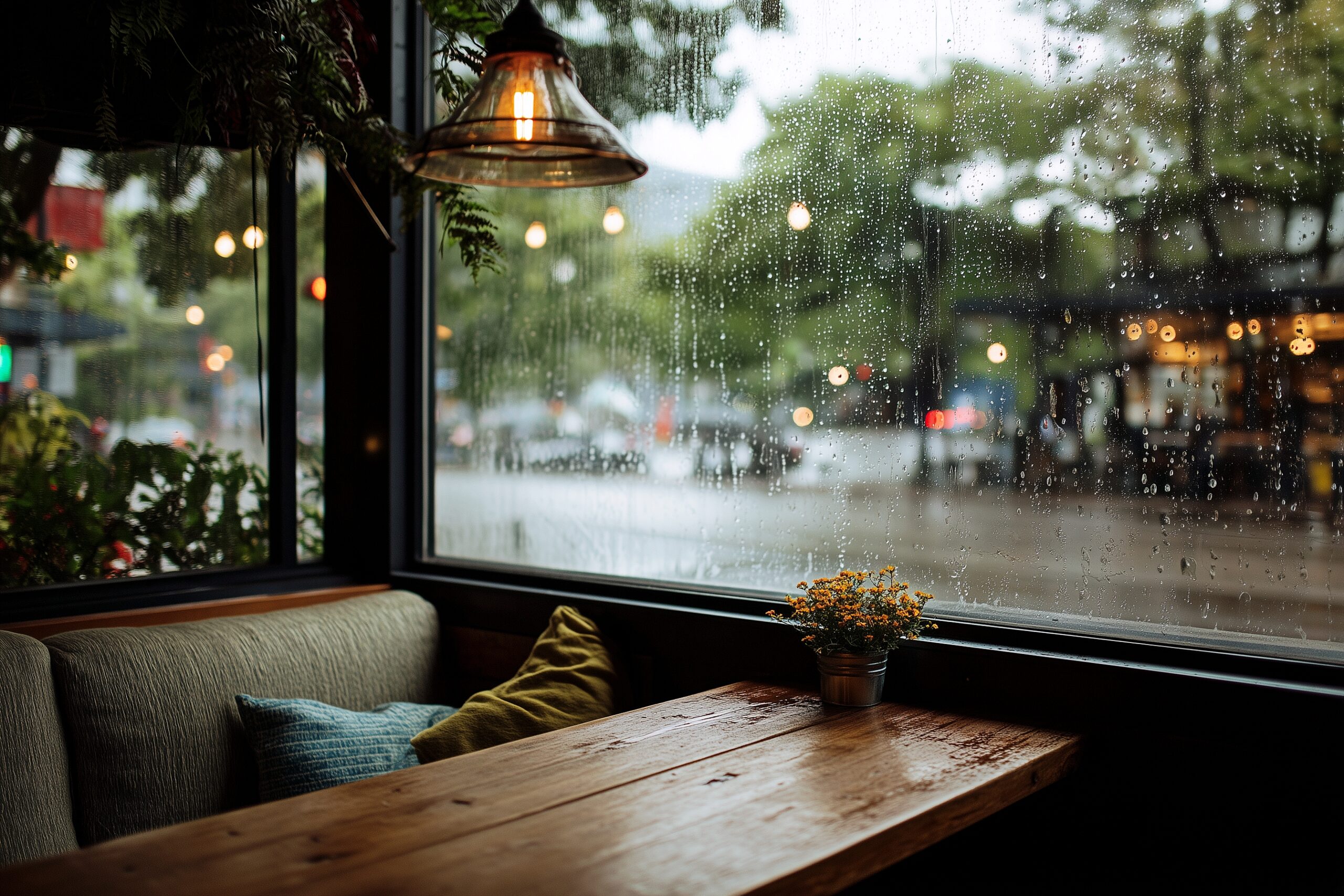 おしゃれなカフェの窓際の席・雨の日のフリー素材０