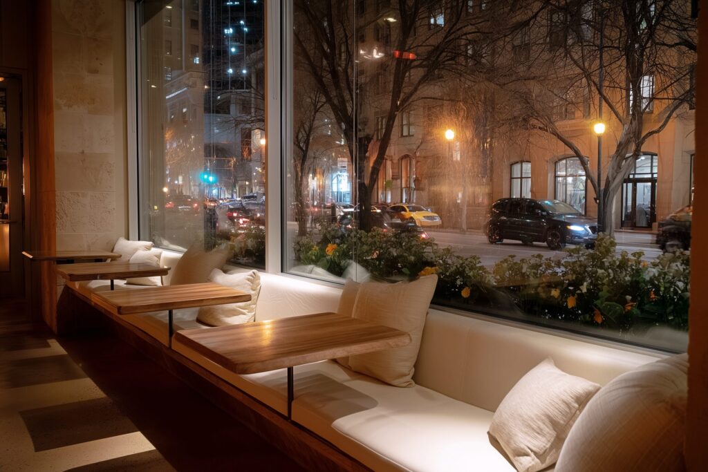 【無料】夜のオシャレカフェのテーブル席・インテリアのフリー素材０