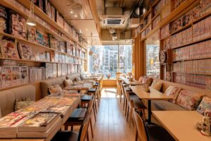 【漫画喫茶】本棚のあるカフェの店内イメージ画像・フリー素材０３