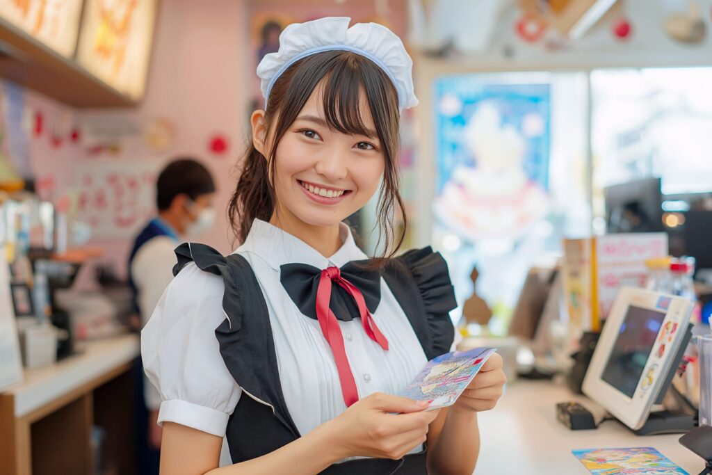 【人物】メイドカフェで働く笑顔の女性店員・フリー素材０３