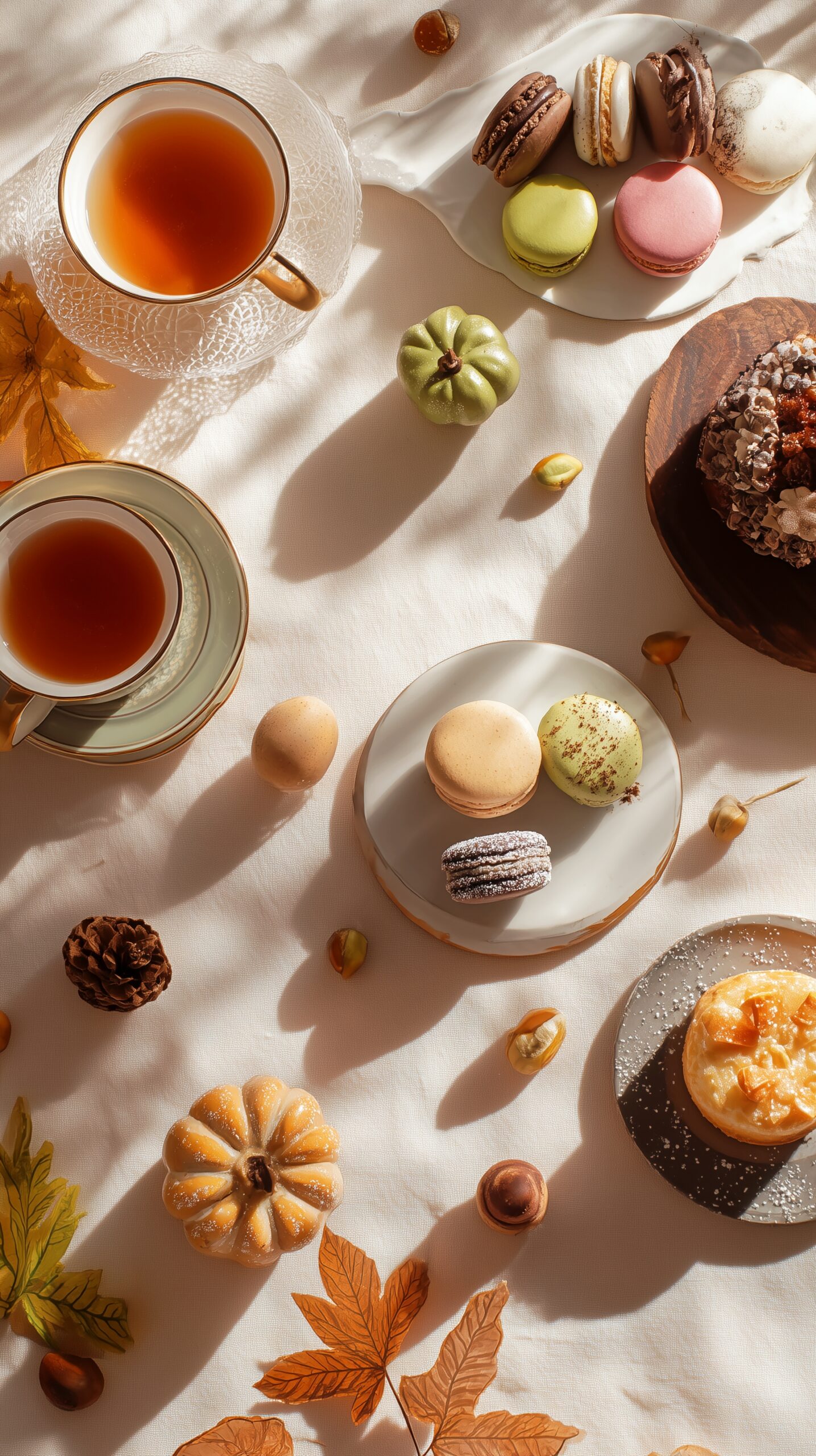 【スマホ壁紙】テーブルに並んだカフェのオシャレな秋スイーツ・フリー素材０１