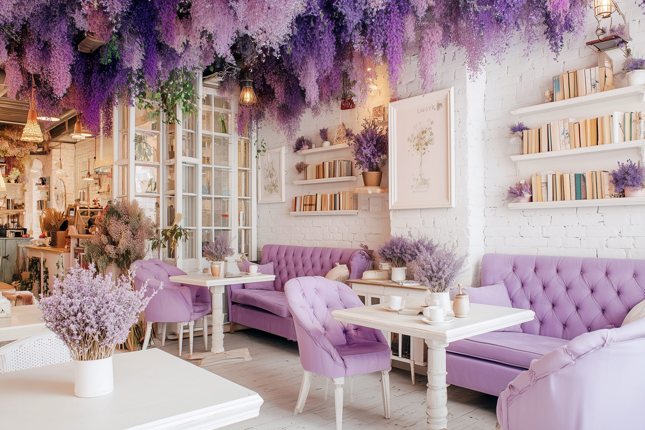 ドライフラワー（ラベンダー）が飾られたオシャレカフェのインテリア・フリー素材０