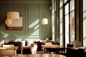 オリーブグリーンに統一されたカフェ店内・インテリアのフリー素材０