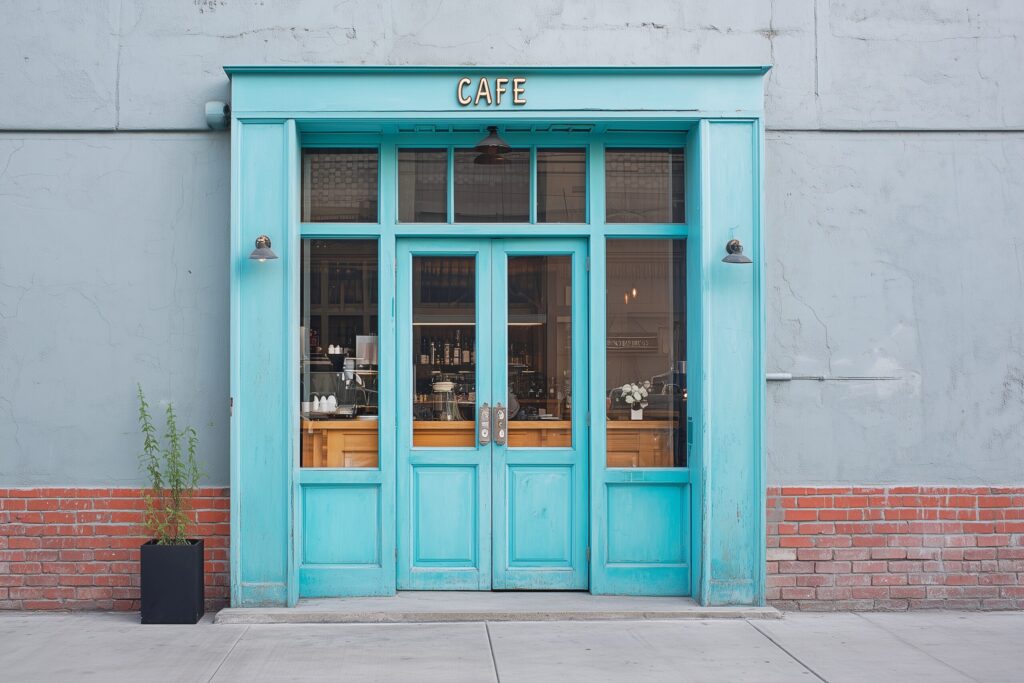 【フリー素材】おしゃれなレトロカフェの入り口ドア画像・晴れた日０