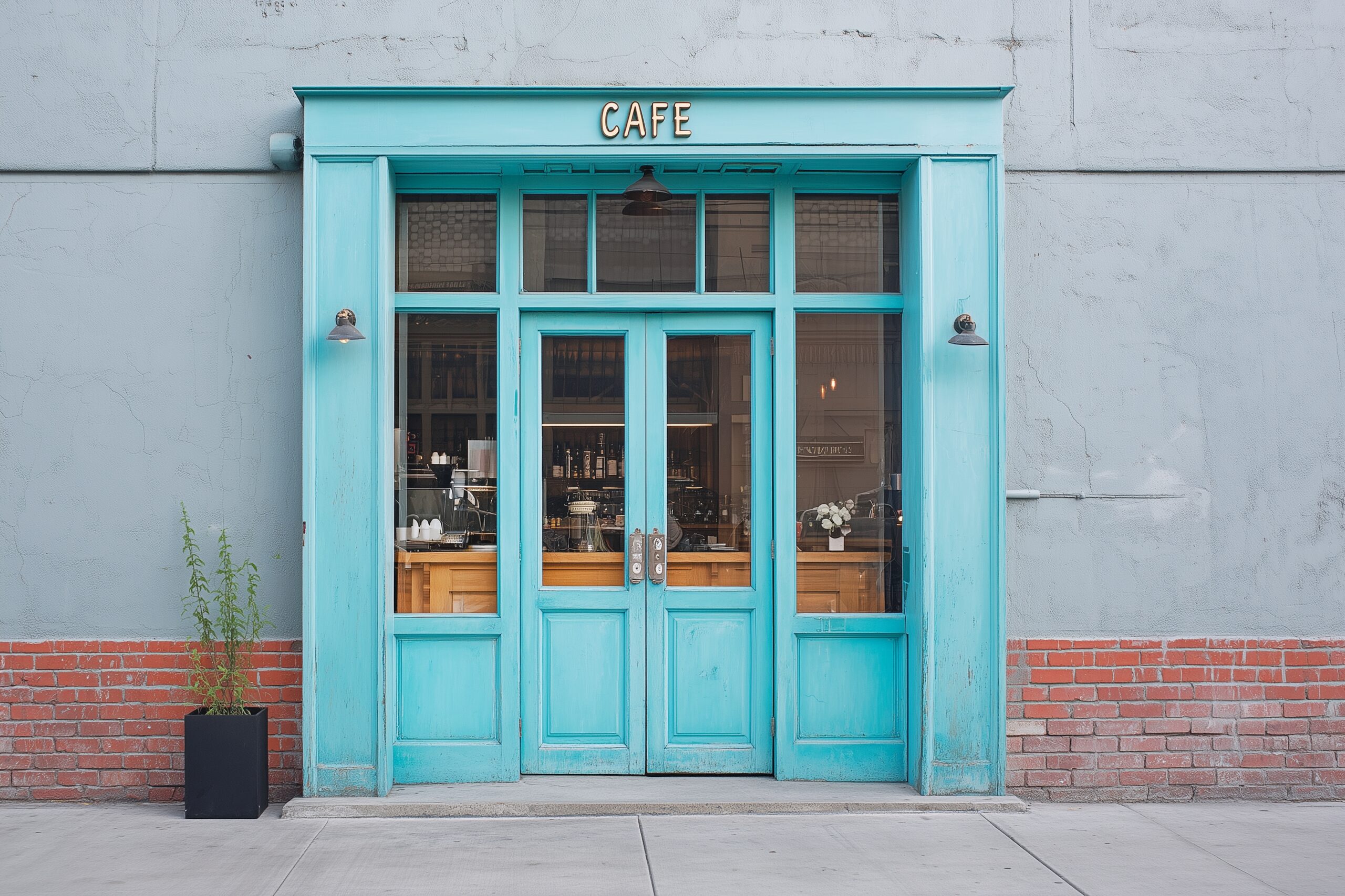 【フリー素材】おしゃれなレトロカフェの入り口ドア画像・晴れた日０