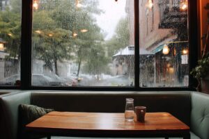 おしゃれなカフェの窓際の席・雨の日のフリー素材０