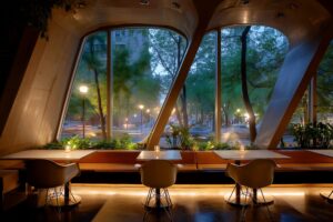 【無料】夜のオシャレカフェのテーブル席・インテリアのフリー素材０