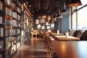 本棚が並ぶブックカフェのおしゃれなインテリア・フリー素材０２
