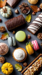 【スマホ壁紙】テーブルに並んだカフェのオシャレな秋スイーツ・フリー素材０１